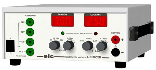 ALR3002M : 0 - 5-6-12 ou 30V / 0 - 25mA - 250mA - 2,5A en = et 6-12-24V / 5A en ~