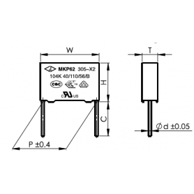 Condensateur de sécurité X2 305 VAC / 275 VAC : Série MKP 62