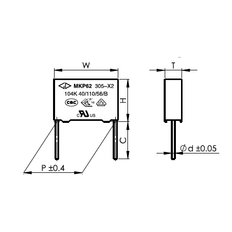 Condensateur de sécurité X2 305 VAC / 275 VAC : Série MKP 62