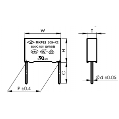 Condensateur de sécurité X2 305 VAC / 275 VAC : Série MKP 62