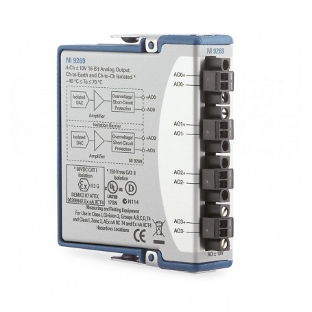 781098-02 : NI 9269 Module de sortie pour mesure de tension, 4 voies, ±10 V isolé entre les voies, revêtement conforme